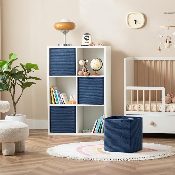 joybest 11inch Cube Storage Bins, Cotton Rope Woven Organizer Basket | Set of 4 Cube Bin Square Shelves Organizer Closet Storage, Nursery, Toy Organization, Navy Blue - Image 6