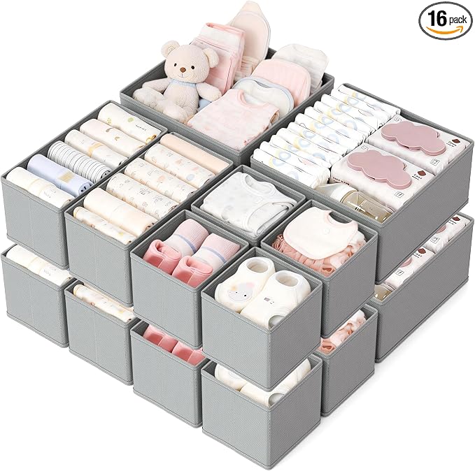 Drawer Organizer, 16 Pack Baby Dresser Organizer for Nursery, Foldable Closet Organizers and Storage Dresser Dividers for Clothes, Socks, Scarves, Ties (Gray) by Unknown