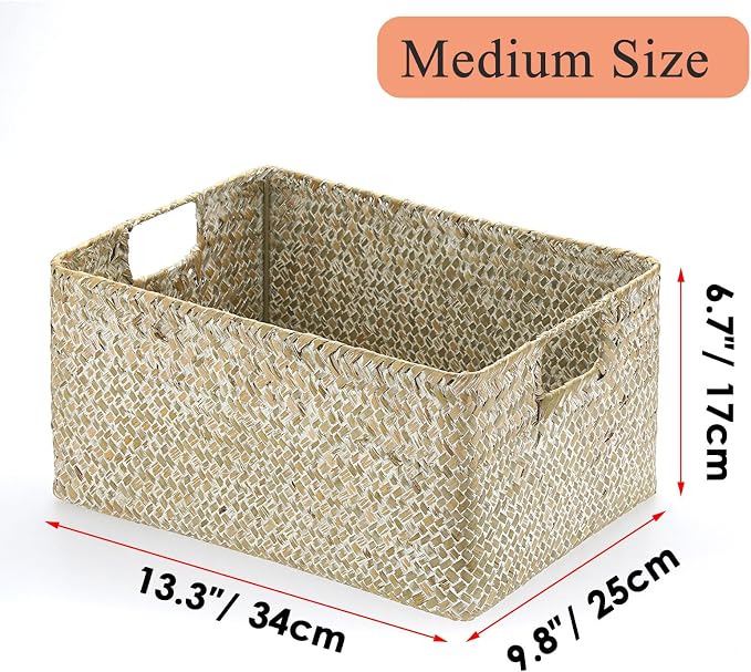 Hipiwe Seagrass Storage Basket Bin Rectangular Handwoven Wicker Storage Box with Handle Opened Baskets for Shelf Organizing Closet Bathroom, 13.3 x 9.8 x 6.7 Inch - Image 3