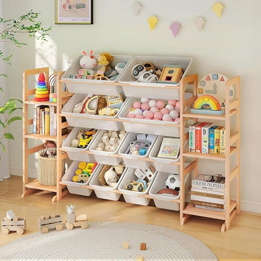 Wooden Toy Storage Organizer with 6 Shelves and 12 Bins, Toy Organizer Storage Kids Bookshelf, Toy Shelf for Playroom, Nursery, and Bedroom by PTINFLUCE