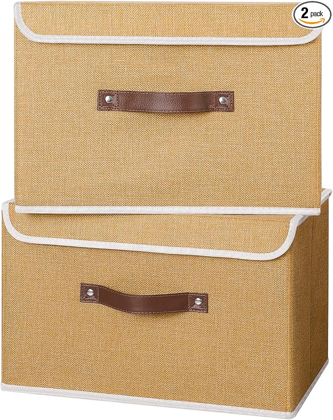 ANMINY Fabric Storage Box Bins with Lids, Khaki, 15"x10"x10", 2 Pack | Keepsake Memory Storage, Cotton Linen, PP Board Reinforced, Washable, PU Handles, Foldable & Stackable, Decorative, Large by ANMINY