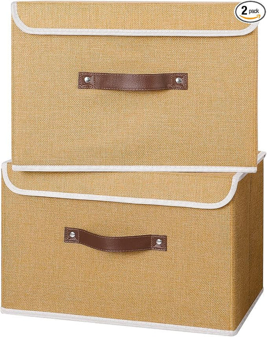 ANMINY Fabric Storage Box Bins with Lids, Khaki, 15"x10"x10", 2 Pack | Keepsake Memory Storage, Cotton Linen, PP Board Reinforced, Washable, PU Handles, Foldable & Stackable, Decorative, Large by ANMINY