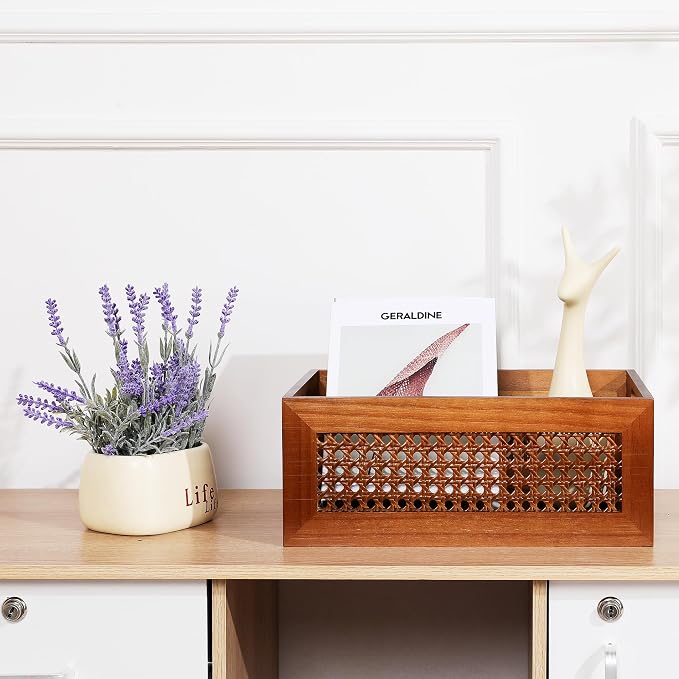 Rattan Wooden Box 14x10x6in Handmade Decorative Storage Basket with Handles | Natural Bamboo Woven Storage Basket Rustic Farmhouse Decor Home Office Tabletop Shelf Drawer Closet Desk Organizer, Brown - Image 5
