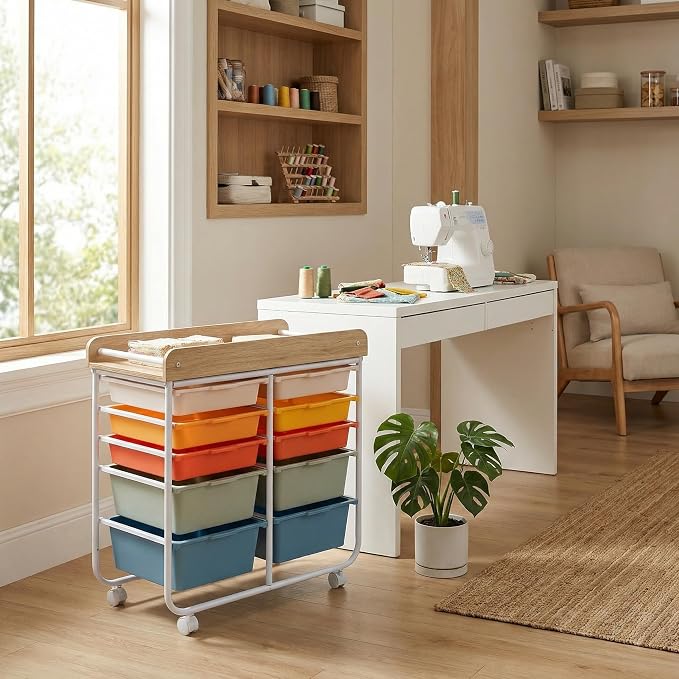 Rolling Storage Cart with 10 Drawers, Plastic Large Capacity Craft Organizer on Wheels with Wooden Top, Mobile Art Supply Utility Cart for Classroom, Home, Office - Image 9