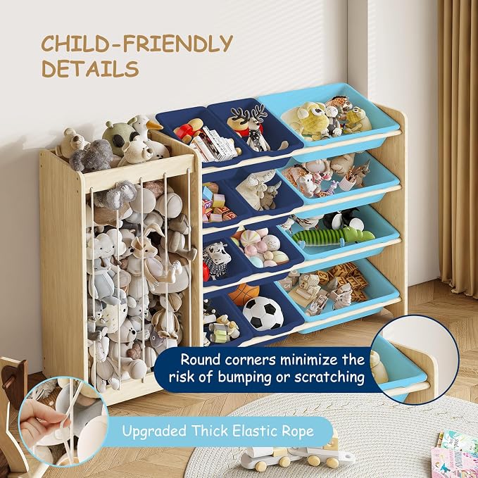 EXPERLAM Kids Toy Storage Organizer, 2-in-1 Stuffed Animal Storage & Toy Organizer w/12 Bins, Solid Wood Toy Rack Featuring Thicker Elastic Ropes, Playroom Nursery Bedroom Storage, Blue - Image 4
