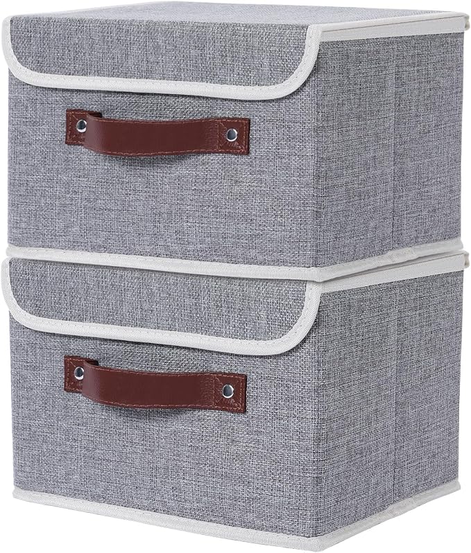 ANMINY Fabric Storage Box Bins with Lids, Gray, 13"x9"x7.9", 2 Pack | Keepsake Memory Storage, Cotton Linen, PP Board Reinforced, Washable, PU Handles, Foldable & Stackable, Decorative, Medium by ANMINY