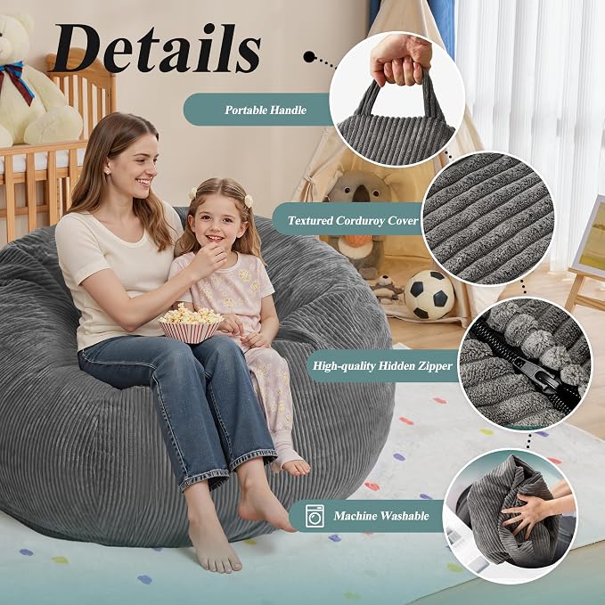 5FT Bean Bag Chair for Adults,Gaint Teardrop Beanbag with Filler | Beanbag Chair with Memory Foam Filled,Bean Bags with Handy Handle&Machine Washable Cover for Living Room,Bedroom-Grey - Image 5