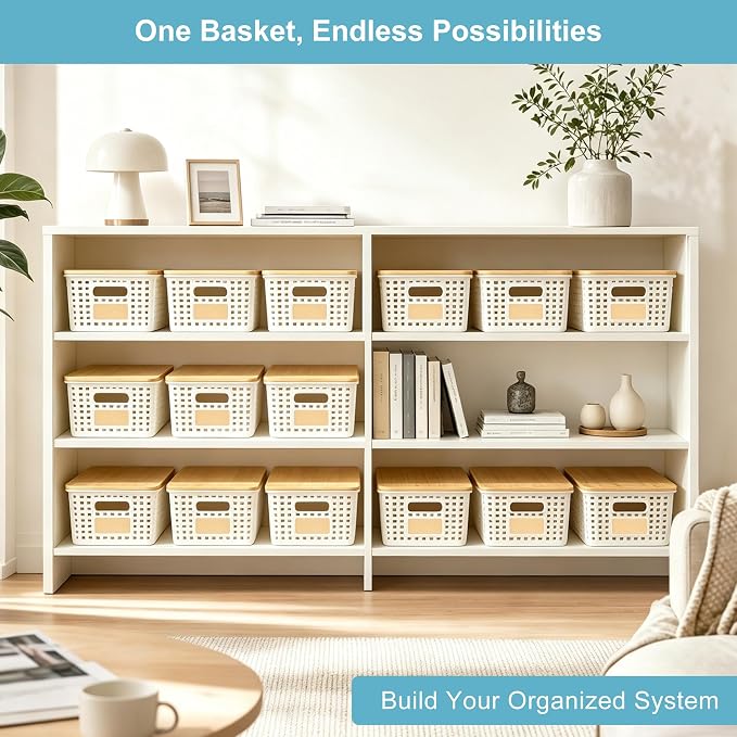 Small Plastic Storage Bins with Bamboo Lids 5.2qt Stackable Box Basket Pantry Decorative Containers Cute with Labels for Organizing Desktop Closet Office Cream White of 6 packs 10*7.2*4.1" - Image 6