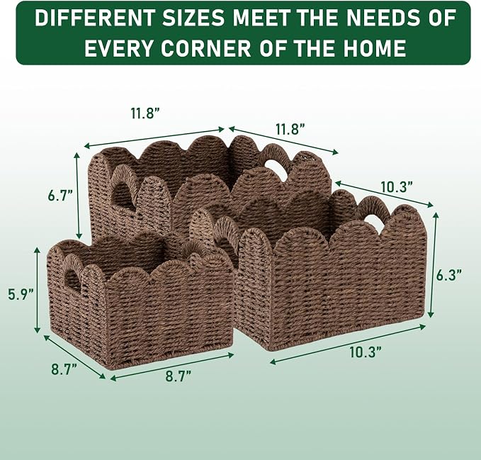 OIAHOMY Scalloped Wicker Baskets, Hand-woven Storage Baskets with Built-in Handles, Paper Rope Shelf Baskets for Organizing and Decoration, Set of 3-Brown - Image 3