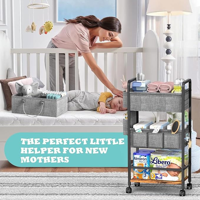 LIDTOP 2In1 Baby Diaper Caddy & 4-Tier Rolling Diaper Cart, Diaper Caddy Organizer Cart with Dividers & Drawer, Mobile Metal Bedside Cart for Nursery Essentials Storage, Large Capacity - Image 4