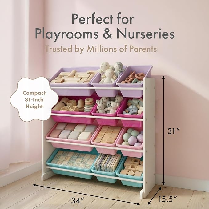 Humble Crew Kids Toy Organizer with 12 Bins, 4 Tier Storage for Playroom | Sturdy wood and steel toddler shelf, removable BPA-free containers, wall anchor anti-tip safety kit for bedroom or classroom - Image 6