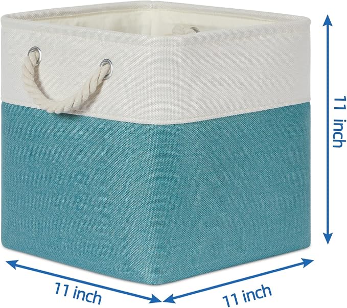 Temary Cubes Storage Baskets 11 Inch Cube Storage Bins 4 Pack Fabric Baskets for Gift Empty Teal Storage Bins for Shelves, Collapsible Fabric Storage Cubes Basket for Storage (White&Teal) - Image 3
