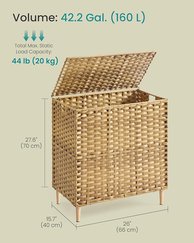 SONGMICS 3-Section Laundry Hamper with Lid, 42.2 Gal (160L) PE Rattan Laundry Basket with Removable Washable Liners, for Bedroom & Living Room, Goose Yellow ULCB223YE01 - Image 7