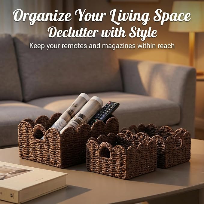 Scalloped Wicker Basket Set of 3, Hand-Woven Storage with Handles | set of 3 brown scalloped baskets with handles. Hand-woven paper rope for shelves, bathroom or closet. Stackable, sturdy. - Image 7