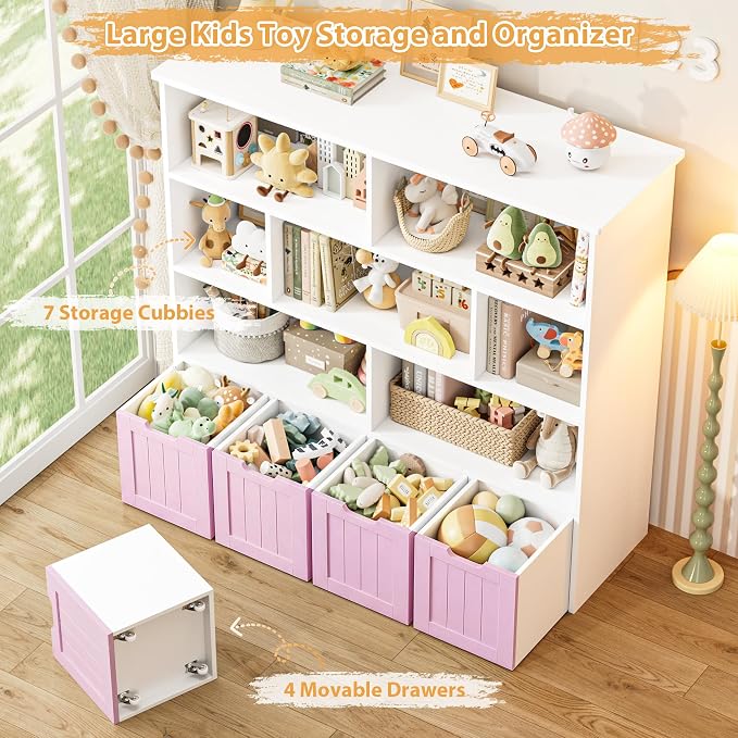 Toy Storage Organizer with Movable Drawer Toy Organizer for Kids | Kids Bookshelf and Toy Chest Storage with Hidden Wheels, Toy Organizers and Toy Storage for Playroom, Pink - Image 7