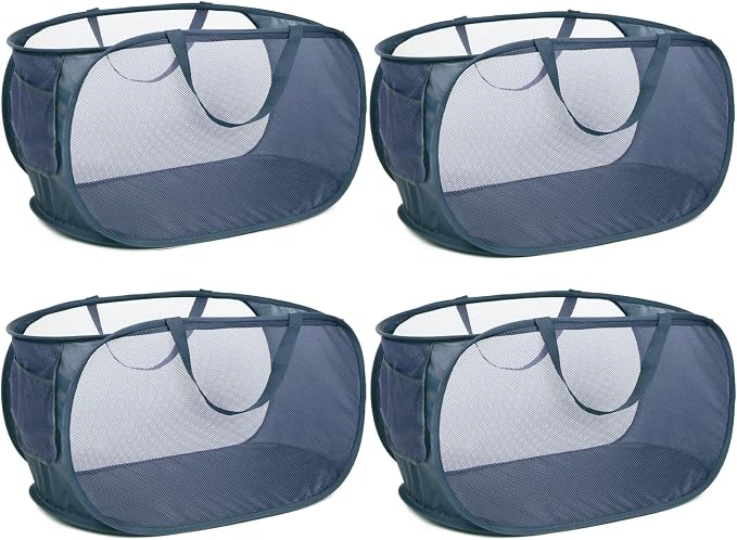 4 Pack Collapsible Laundry Baskets, Foldable Laundry Basket with Pocket, Durable Pop Up Hampers, Reinforced Handles Dirty Clothes Hamper for Laundry, Bedroom, Bathroom, Dorm, Travel or Camping Navy by Bemkoo
