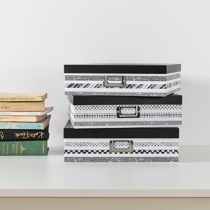 SLPR - Nesting Black and White Storage Boxes with Lids, Set of 3 | Cardboard Document Box Set for Scrapbooks, Keepsakes and Memories, Large Decorative Photo Organizers for Home Decor - Image 7
