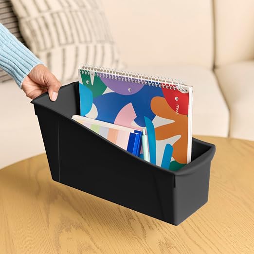 Linking Storage Book Bins, Plastic, 10-Pack, Black | Durable plastic with built-in handles, interlocking, nestable, ideal for books, magazines, and files in a classroom or office - Image 5