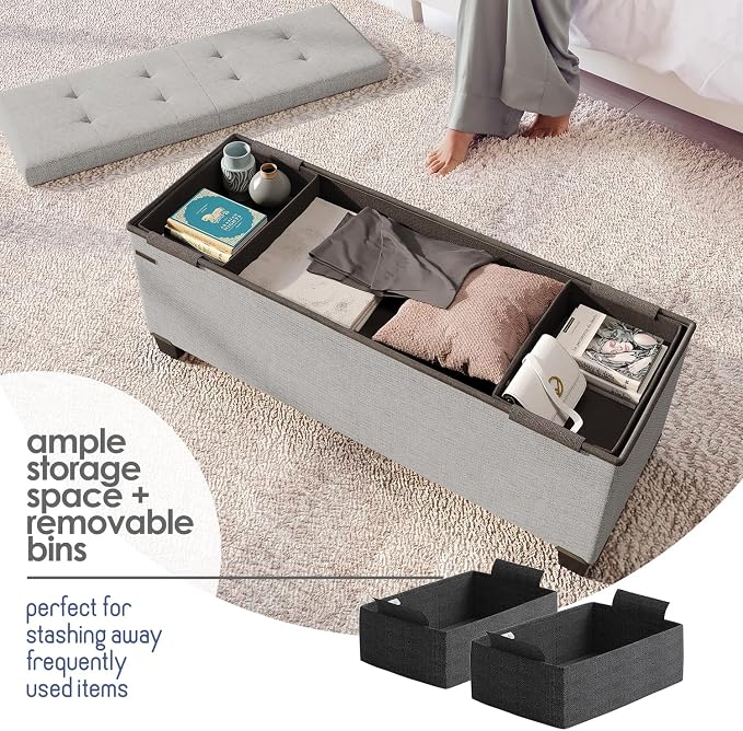 Storage Ottoman Bench with Bins, 43-in Storage Bench for Bedroom End of Bed, Folding Foot Rest Ottoman for Living Room Max 660lbs, Fabric Ottomans, Light Grey - Image 3