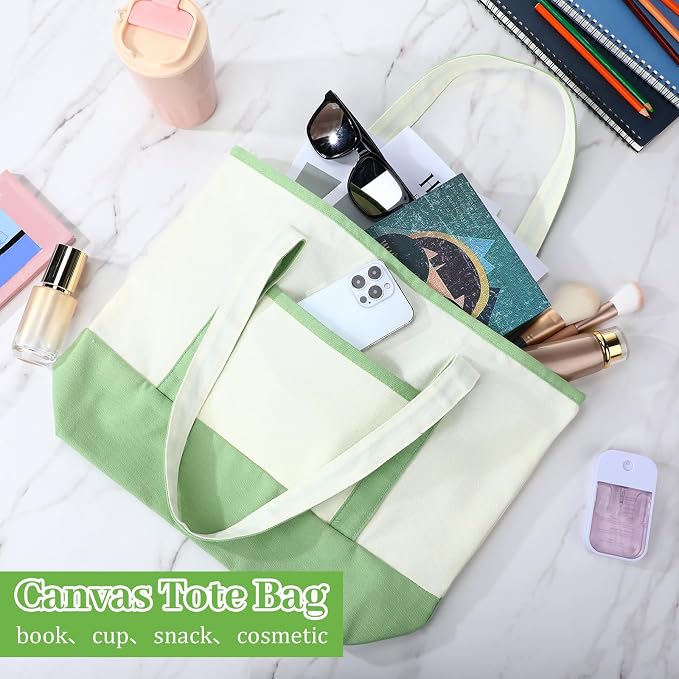 Sanwuta Canvas Tote Bags Bulk with Outer Pockets,Classic Color,12 Pack | Reusable Cotton Grocery Bags, Perfect for Teachers, Party Giveaways, DIY Crafts, Wedding Favors, Business Gifts - Image 2