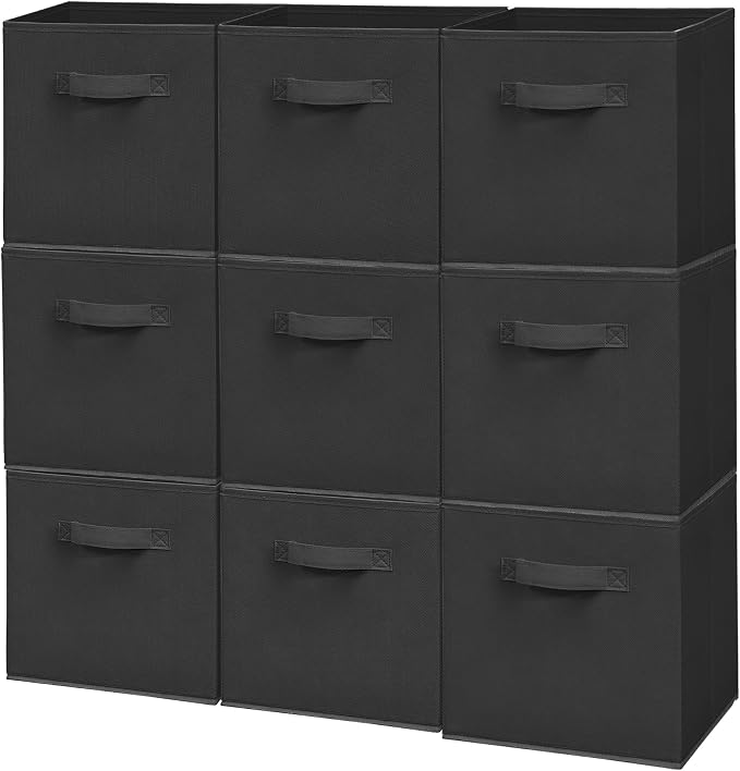 Easi Storage Cubes, 11 Inch Fabric Storage Bins, Set of 9, Foldable Collapsible Cube Organizer with Handles, Closet Shelves Office Nursery Storage, Cubby Storage Bins for Toys Clothes Books, Black by Unknown