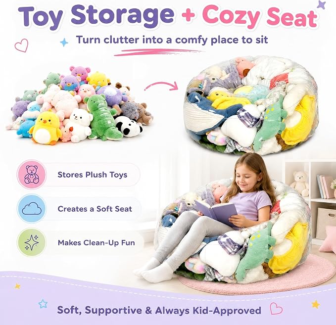 Clear Stuffed Animal Storage Bean Bag Chair Cover for Kids with Zipper | Transparent Waterparoof, Wipe Clean Thicker PVC, Holds 50+ Stuffed Animals, Double Zipper for Plush Toys Storage & Organizing - Image 3