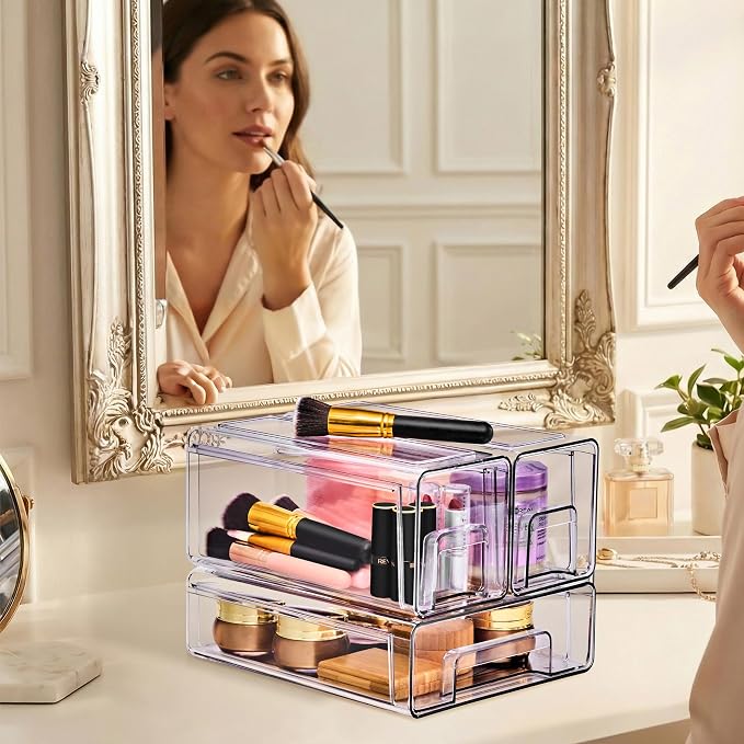 Sorbus Clear Stackable Storage Drawers (1 Medium + 2 Small) | Plastic medicine-cabinet bins with handles and pull-out access for bathrooms, closets, pantries and baby bottles. - Image 2