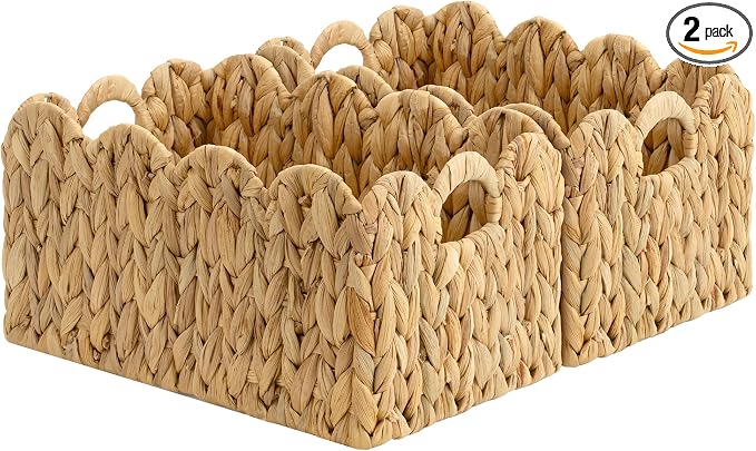 StorageWorks Scalloped Water Hyacinth Baskets, Large Scalloped Baskets | Scalloped Wicker Basket for Living Room, Decorative Scalloped Baskets for Storage, Wicker Baskets for Organizing and Decor by StorageWorks