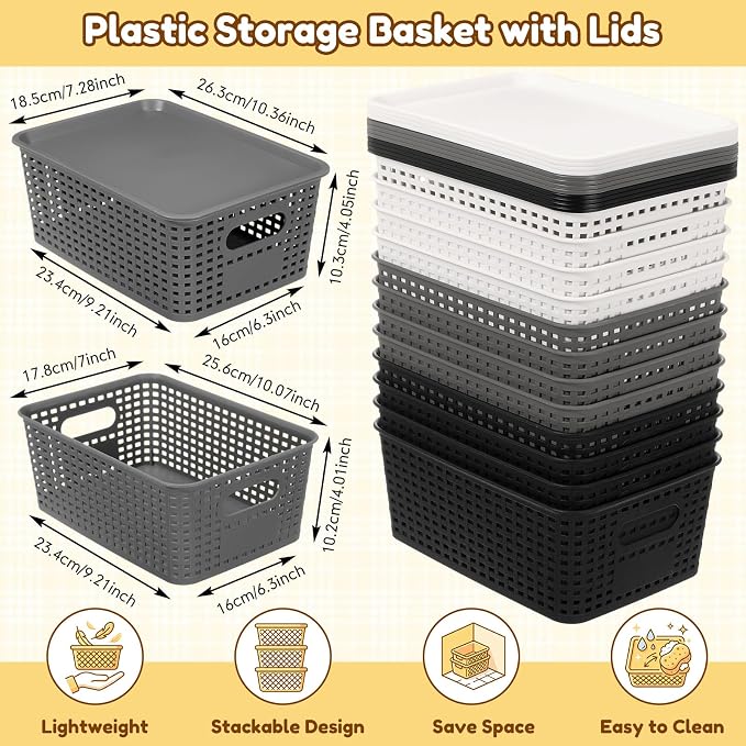 12 Pack Plastic Storage Baskets with Lids Stackable Organizing Bins Storage Baskets Organizers and Containers for Closet, Pantry, Office, 10.2 x 7.2 x 4.1 Inches(Classic Color) - Image 3