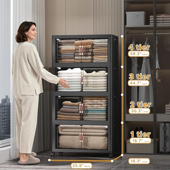 Stackable Storage Bins, 480QT Collapsible Drawers with 1 Lid | Large Capacity, Magnetic Door, Stack Lock, Rolling Wheels, Foldable Design, Organizers and Storage for Bedroom Dorm Garage - Image 2