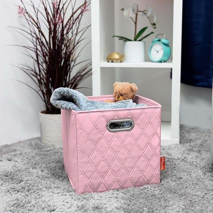 Small 11-inch Foldable Diamond Patterned Faux Leather Storage Cube Bins Set of Four with Handles with Dual Handles for living room, bedroom and office storage… (PINK) - Image 3
