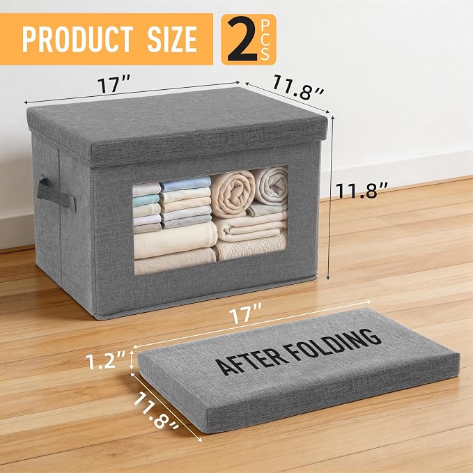 2-Pack Large Storage Bins with Lids & Clear Window, Foldable Fabric Closet Organizer Boxes, Stackable Cube Baskets with Soft Handles for Clothes & Blankets, 17”, Grey - Image 3