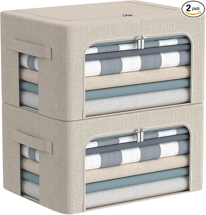 CYhom Clothes Storage Bins Box - Linen Fabric Foldable Stackable Container Organizer Set with Clear Window & Carry Handles & Metal Frame - 2Pack Large Capacity for Bedding, Blankets, Books by CYhom