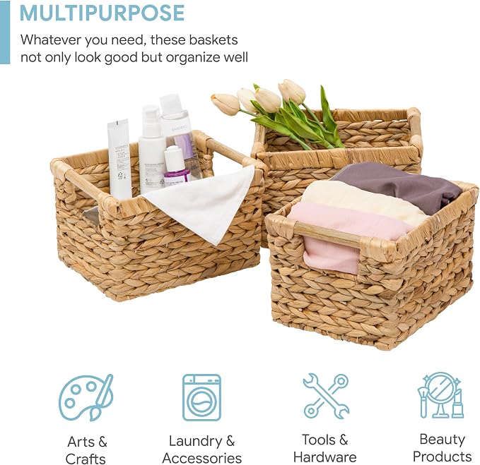 Small Wicker Baskets for Organizing Bathroom, Hyacinth Baskets for Storage, Wicker Storage Basket with Wooden Handle, Decorative Small Basket 10 x 7.5 x 6.3 inches - 3 Pack - Image 4