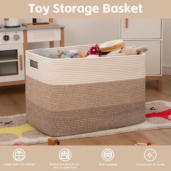 OIAHOMY 118L Extra Large Blanket Basket, Rectangle Woven Cotton Rope Storage Basket,Used for storing Dirty Clothes, Stuffed Animal Toy Storage for Living Room,Kids Room,25" x 17" x 16", Gradient Brown - Image 3