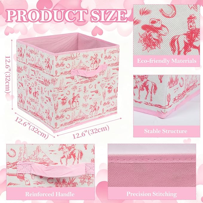 6 Pcs Pink Western Cube Storage Bins 12.5 Inch Cowgirl Storage Basket with Handle, Preppy Girls Organizer Basket, Collapsible Fabric Box for Classroom Bedrooms Office Home Decoration (Pink western) - Image 2
