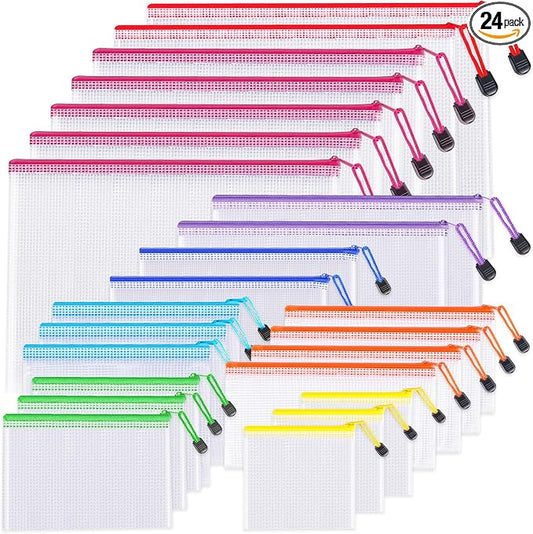24pcs Mesh Zipper Pouch Bags 8 Sizes Plastic Clear Pouches for Organization | Multiple Sizes Waterproof File Bag Reusable Storage Bags for Classroom Travel Board Game Office Supplies by UMETDO