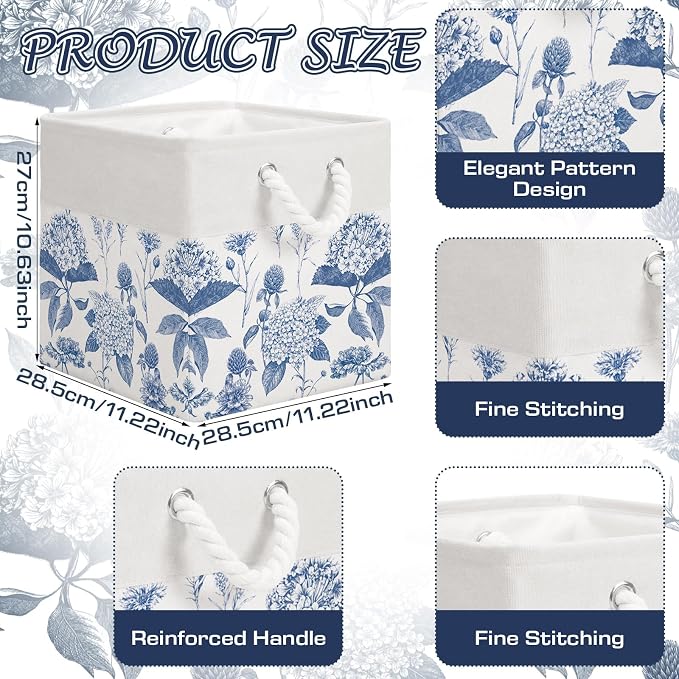 LemonRoad 6 Pcs Blue Hydrangea Cube Storage Bins 11.22 Inch Square Storage Basket with Handle, Preppy Girls Organizer Basket, Collapsible Fabric Box for Classroom Bedrooms Office Home Decoration Gift - Image 2