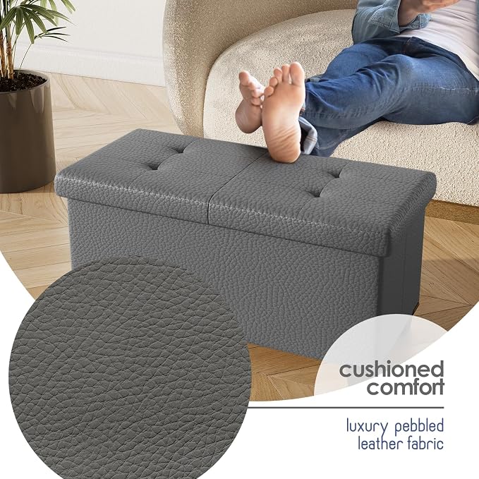 Storage Ottoman Bench with Bins, 30-in Storage Bench for Bedroom End of Bed, Folding Foot Rest Ottoman for Living Room Max 660lbs, Faux Leather Ottomans, Grey - Image 8