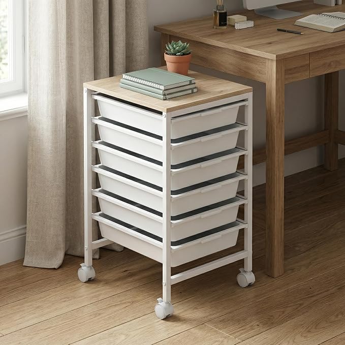Rolling Storage Cart with 6 Drawers, Plastic Craft Organizer on Wheels with Wooden Top, Mobile Art Supply Utility Cart for Classroom, Home, Office - Image 2