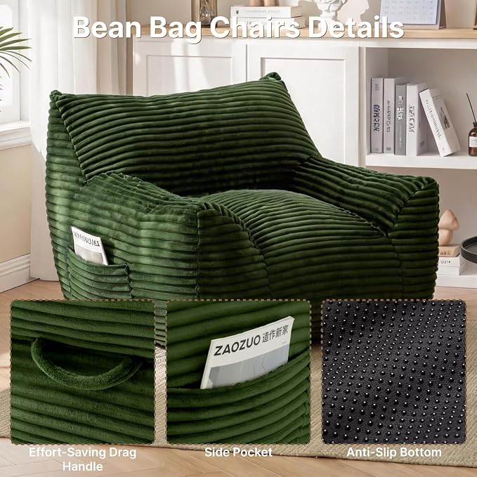 Bean Bag Chair for Adults & Kids, Giant Bean Bag Sofa with Side Pocket, Corduroy Beanbag Chair with Armrests, Comfy Stuffed Floor Sofa for Living Room Bedroom Dorm, Green - Image 6