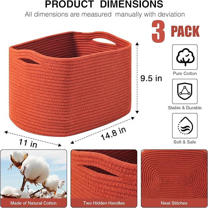 Storage Baskets for Organizing Shelves, Woven Cotton Rope Basket for Storage, Dog Toy Baskets Storage Kids, Cute Shelf Basket for Living Room Bedroom, 14.8"×11"×9.5", Pack of 3, Brick Red - Image 2