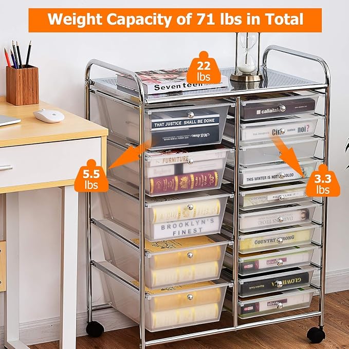 15 Drawer Rolling Storage Cart, Rolling Cart with Drawers for Classroom, Art Supply Craft Organizer on Wheel with Metal Frame & Handles for Home Office School - Image 8
