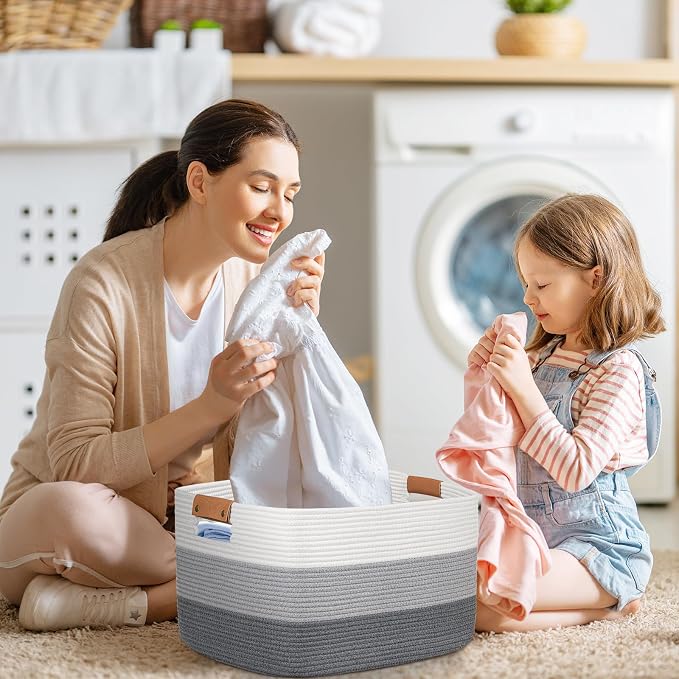 Rectangle Blanket Storage Basket, 50L Large Decorative Basket Living Room, Storage Bin with Handle, Woven Rope Hamper for Toy Organizing & Laundry, 18.11’’*14.17’’*11.81’’ Gradient Grey - Image 8