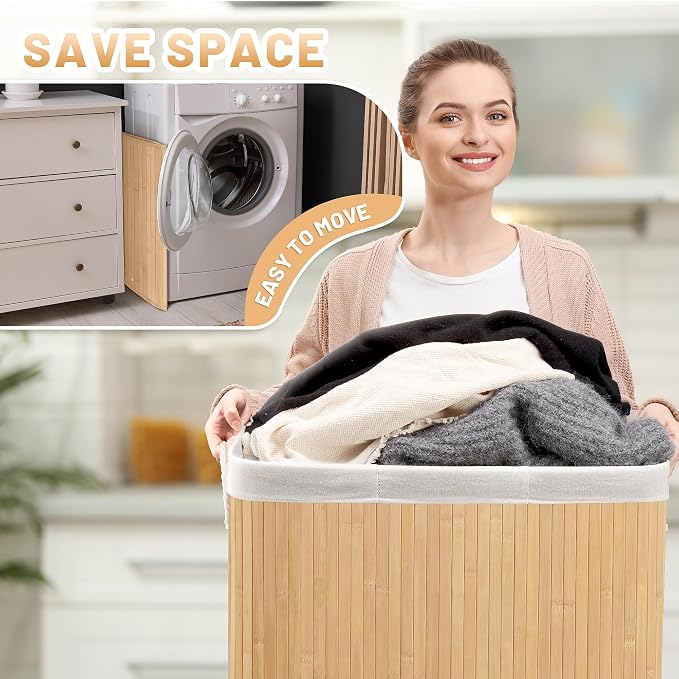 Aliphon 150L Laundry Hamper with lid, 3-Section Clothes Laundry Basket with Handles, Large Collapsible Bamboo Baskets for Bedroom, Bathroom, Dorm, Natural Beige - Image 9