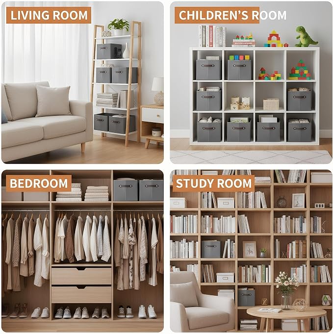 3 Pack Large Collapsible Storage Baskets for Shelves,14.9"x9.5" Fabric Closet storage Boxes with Leather Handles,Decorative Organizers Storage Bins for Clothes,Sheets,Toys,Books,(Gray) - Image 5