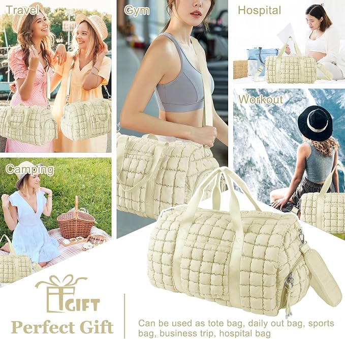 Quilted Travel Duffle Bag Gym Bag for Women,Large Puffer Duffle Weekender Bag with Compartment,Workout Overnight Carry on Organizer Bag Duffle Bag for Airplane Travel(L-Off-white) - Image 4