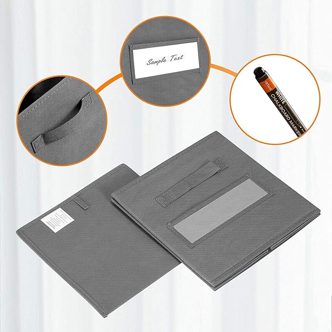 13x13x13 storage cube bins(Set of 8) Fabric storage cubes with 8 Labels Window Cards & a Pen, storage cubes 13x13, Collapsible 13 inch cube storage bins, Cubby Organizer Boxes, Gray - Image 2