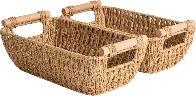 StorageWorks Hand-Woven Small Wicker Baskets, Round Paper Rope Storage Baskets with Wooden Handles, Light Brown, 2-Pack | Wicker Storage Baskets for Shelves, Baskets with Wooden Handles, 2-Pack Gifts Basket for Home Decor, Hand-Woven Basket by StorageWorks