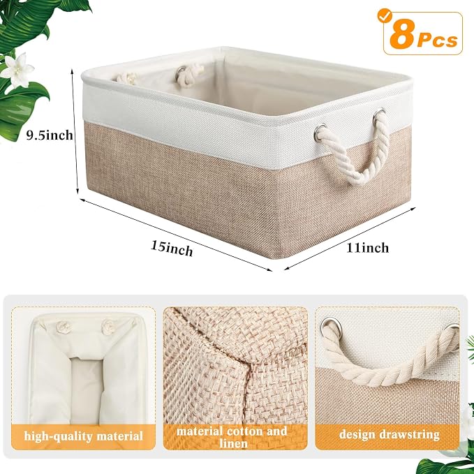 meekoo 8 Pack Collapsible Storage Bins Fabric Storage Bins Polyester Fabric Baskets with Handles Linen Closet Organizer for Shelf Home Closet Towels Toys(15 x 11 x 9.5 in,Beige) - Image 3